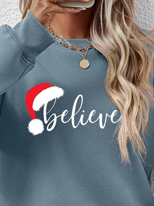 BELIEVE Graphic Long Sleeve Holiday Christmas Sweatshirt