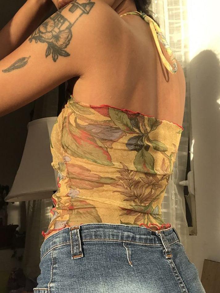 Floral Print Lettuce-Edge Crop Halter-Neck Top - HouseofHalley