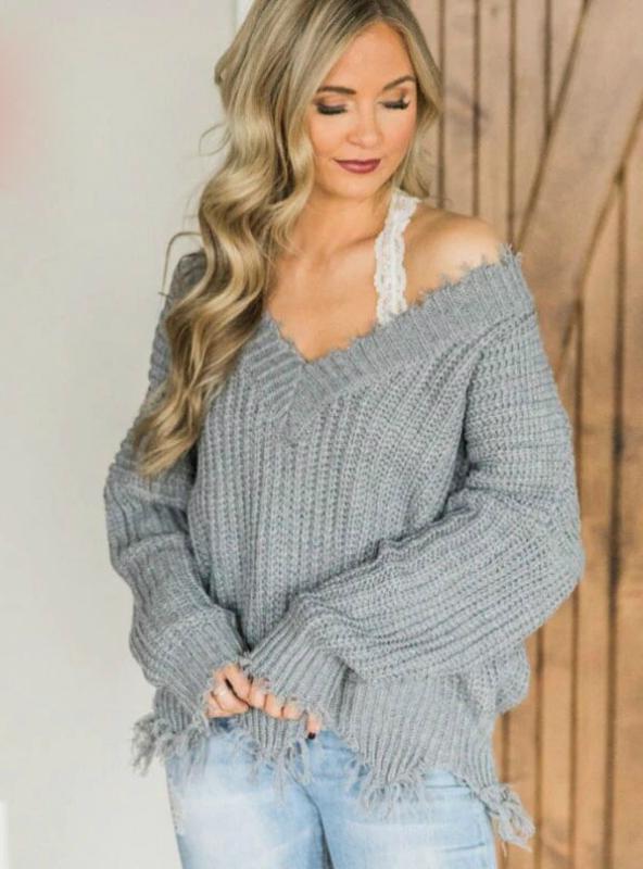 OFF THE SHOULDER SWEATER FOR WOMEN FRINGE DISTRESSED KNITTED