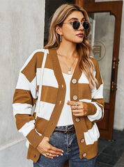 WOMEN LONG SLEEVE STRIPED CARDIGAN SWEATER