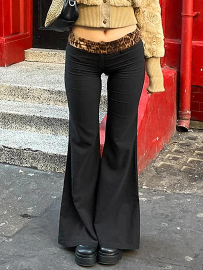 Leopard Splice Elastic Waist Flare Leg Pants - HouseofHalley