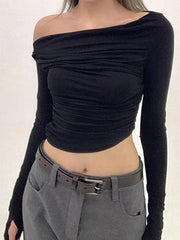 Solid Off Shoulder Asymmetric Design Long Sleeve Tee - HouseofHalley