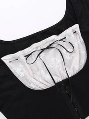 Lace Splice Mesh Tie Front Cropped Long Sleeve Tee