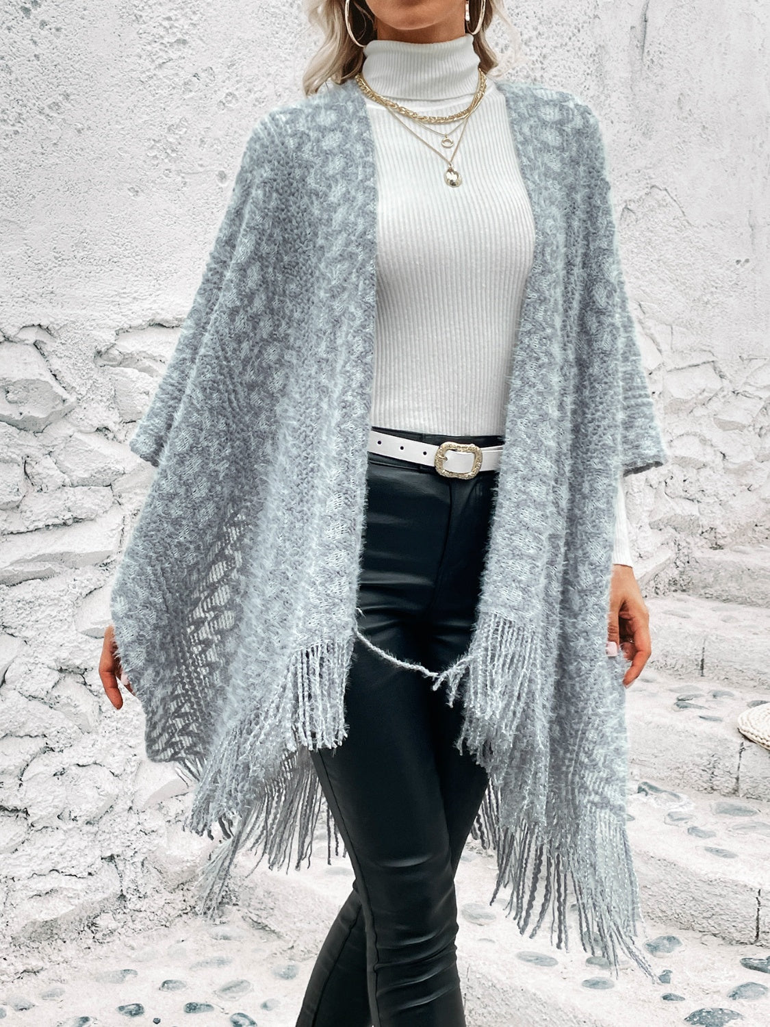 Open Front Fringe Hem Fashion Poncho Sweater