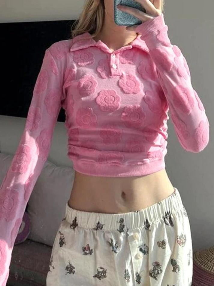 Velvet Floral Print Backless Lacing Crop Long Sleeve Tee - HouseofHalley