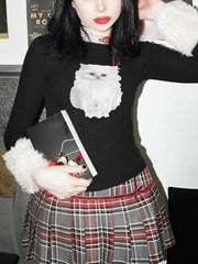 Kitty Print Plush Splice Cropped Long Sleeve Knit - HouseofHalley