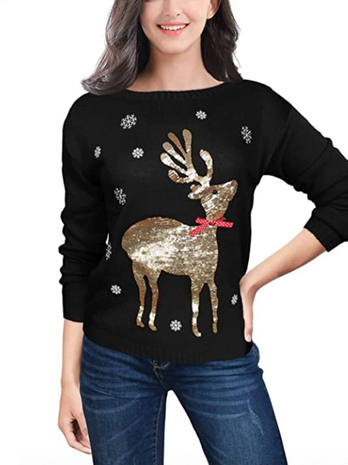 Sequin Reindeer Graphic Ugly Christmas Sweater