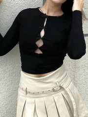 Solid Cutout Bow Decor Long Sleeve Tee - HouseofHalley