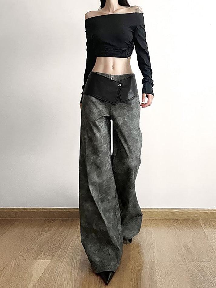 Low Waist Tie Dye Panel Faux Leather Wide Leg Pants