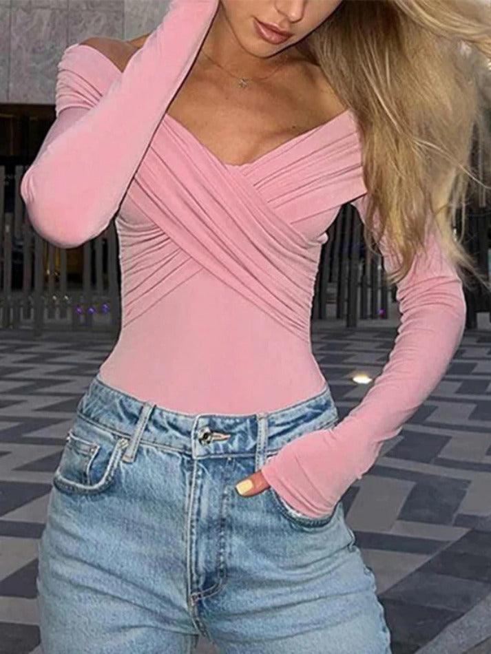 Solid Crossover Pleated Long Sleeve Tee - HouseofHalley