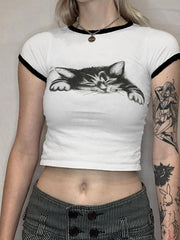 Short Sleeve Contrast Trim Cat Print Crop Top