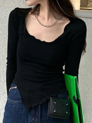 Solid Color Fungus Trim Irregular Hem Long Sleeve Knit - HouseofHalley