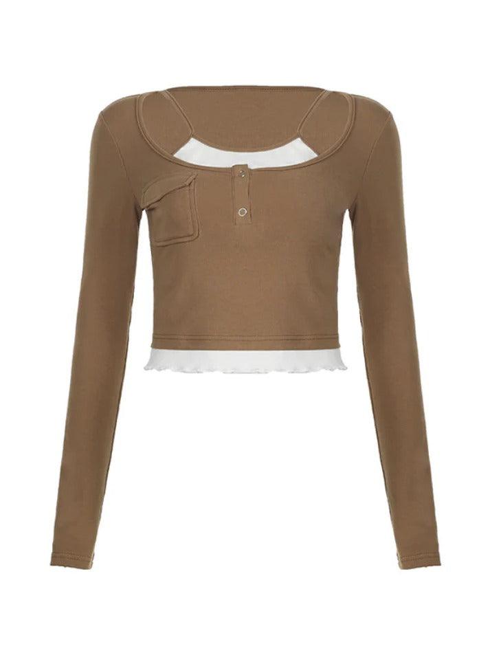 Vintage Contrast Fake Two Piece Cropped Long Sleeve Tee - HouseofHalley