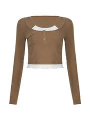 Vintage Contrast Fake Two Piece Cropped Long Sleeve Tee - HouseofHalley