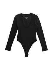 Solid Plunge Heart Buckle Decor Long Sleeve Bodysuit - HouseofHalley