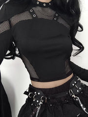 Long Sleeve Mesh Panel Plain Crop Top