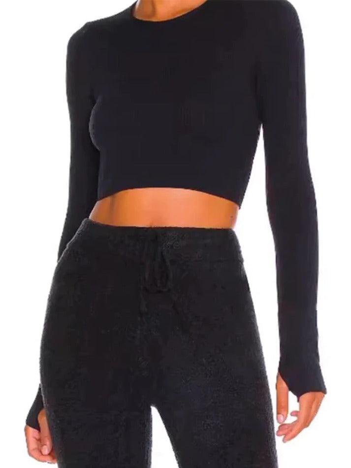 Sporty Solid Ribbed Twist Back Long Sleeve Tee - HouseofHalley