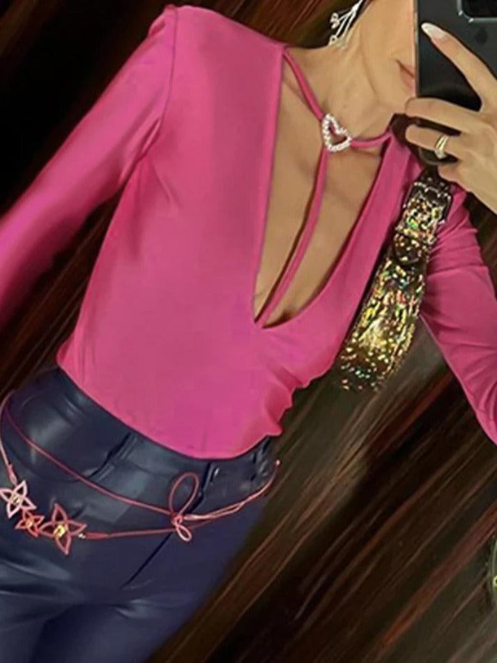 Solid Plunge Heart Buckle Decor Long Sleeve Bodysuit - HouseofHalley
