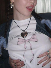 Short Sleeve Lettering & Bow Print Crop Tee - HouseofHalley