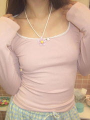 Contrast Color Lace Trim Slim Long Sleeve Knit - HouseofHalley