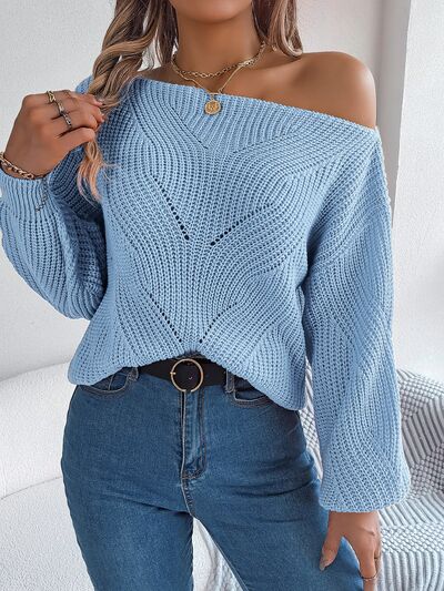 Openwork  Off The Shoulder Long Sleeve Sweater