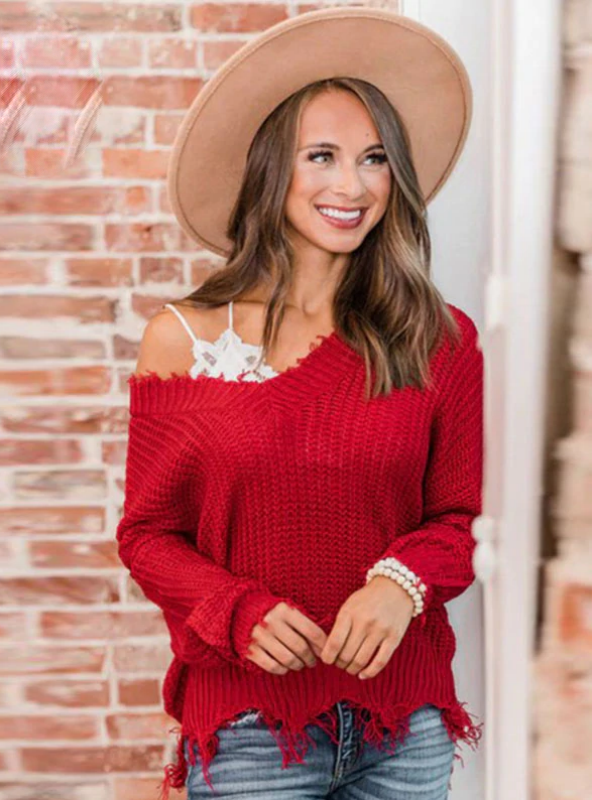 OFF THE SHOULDER SWEATER FOR WOMEN FRINGE DISTRESSED KNITTED