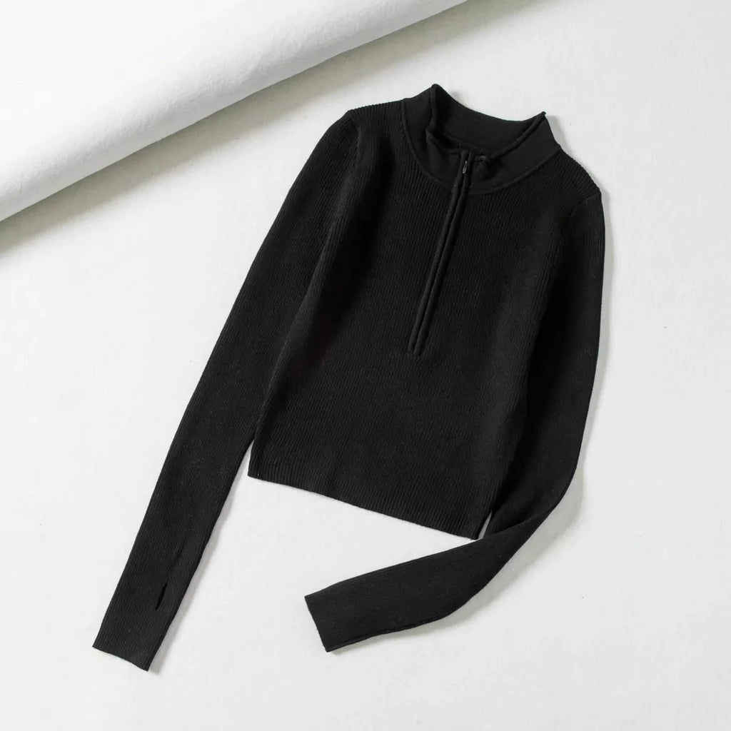 HIGH NECK ZIPPER FRONT KNITTED SWEATER