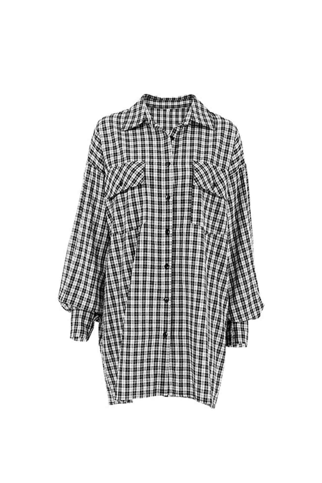 Plaid Drop Shoulder Lantern Sleeve Long Blouse