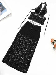 Plunge Neck Halter Low Waist Lace Two Piece
