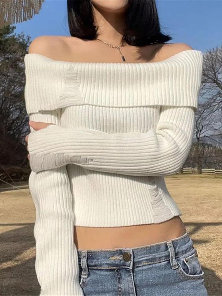 Long Sleeve Off-Shoulder Plain Ribbed-Knit Sweater - HouseofHalley