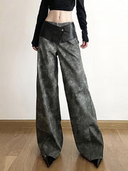 Low Waist Tie Dye Panel Faux Leather Wide Leg Pants - HouseofHalley