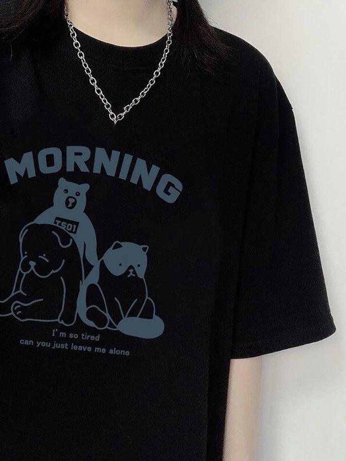 Short Sleeve Animal & Lettering Print Loose-Fit Top - HouseofHalley