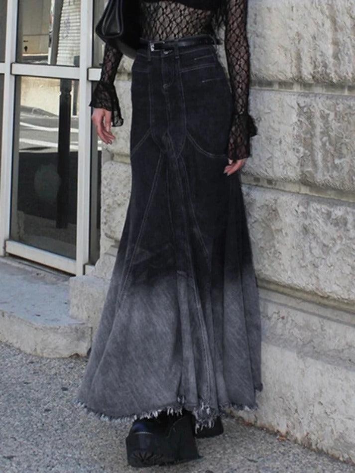 Vintage Ombre Splice Raw Hem Mermaid Denim Maxi Skirt - HouseofHalley