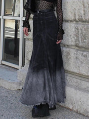 Vintage Ombre Splice Raw Hem Mermaid Denim Maxi Skirt - HouseofHalley