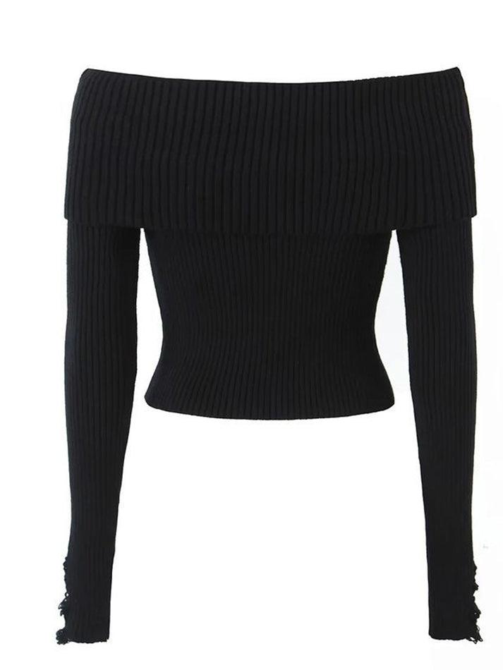 Long Sleeve Off-Shoulder Plain Ribbed-Knit Sweater - HouseofHalley