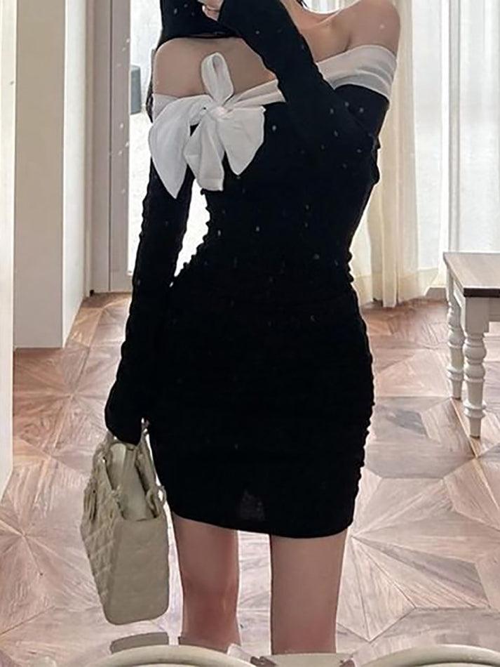 Long-Sleeve Off-Shoulder Two Tone Bow Accent Ruched Mini Bodycon Dress