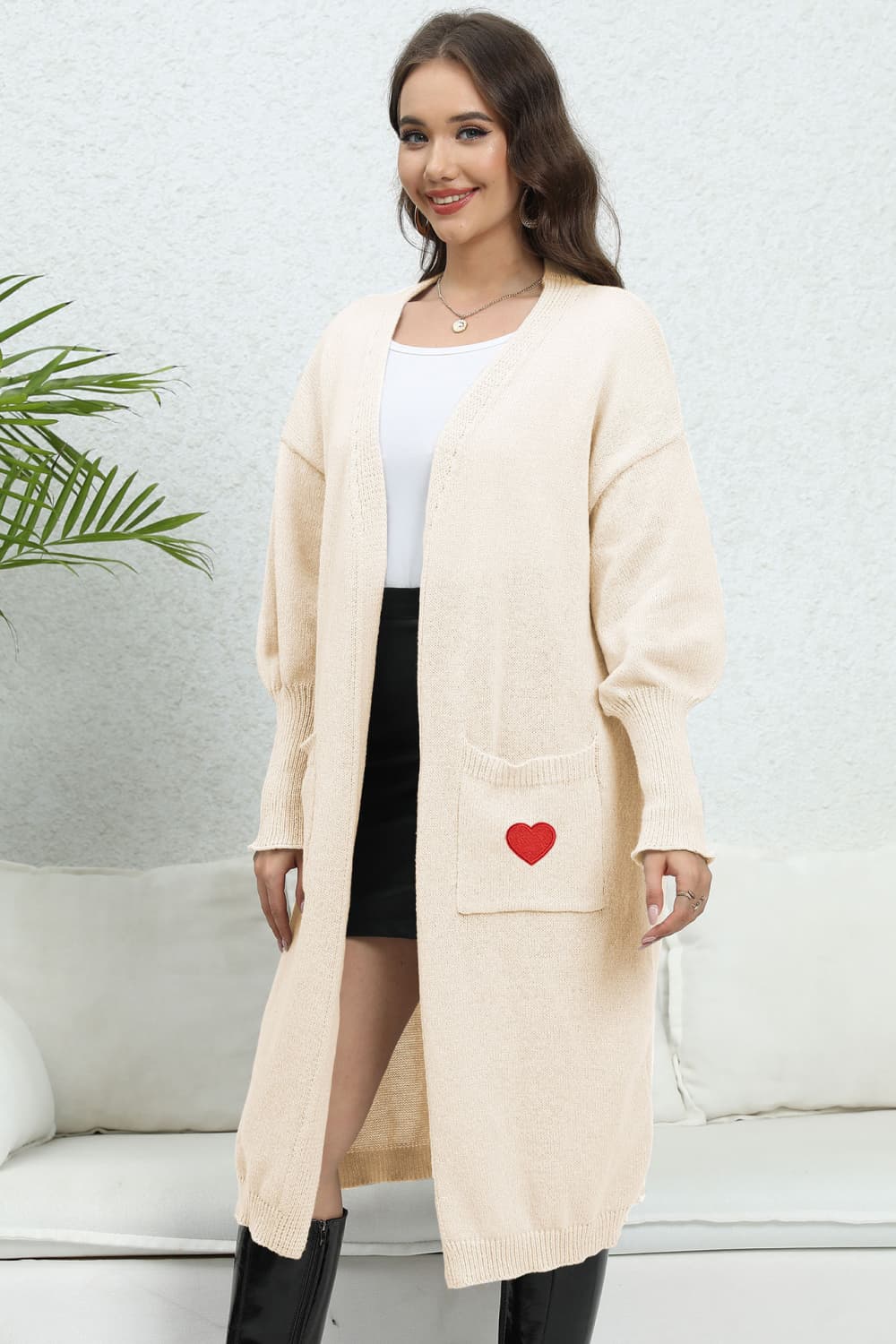 Lantern Sleeve Open Front Pocketed Cardigan with hearts