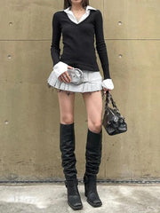 Polo Neck Splice Fake Two Piece Long Sleeve Knit