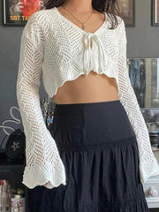 Tie Front Open Knit Crop Top - HouseofHalley