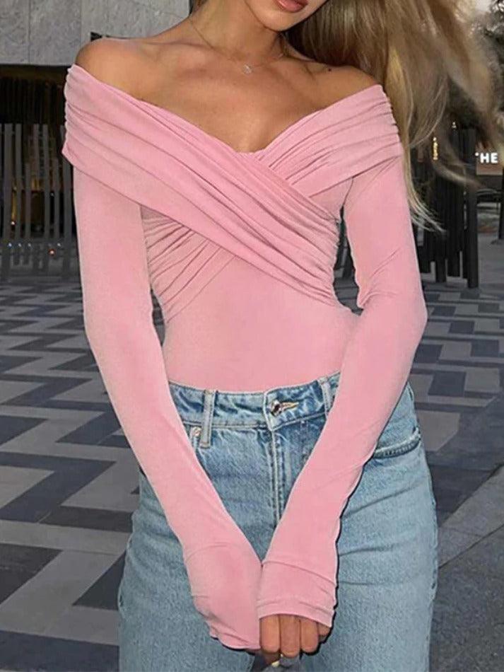 Solid Crossover Pleated Long Sleeve Tee - HouseofHalley