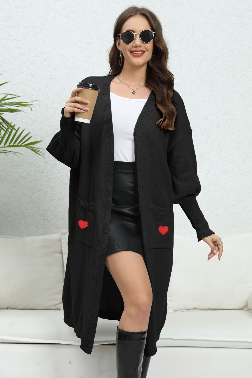 Lantern Sleeve Open Front Pocketed Cardigan with hearts