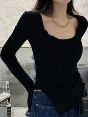 Solid Color Fungus Trim Irregular Hem Long Sleeve Knit - HouseofHalley