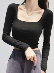 Long-Sleeve Square Neck Plain Cropped T-Shirt - HouseofHalley