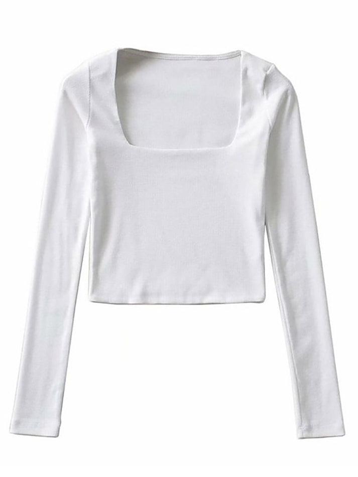 Long-Sleeve Square Neck Plain Cropped T-Shirt - HouseofHalley