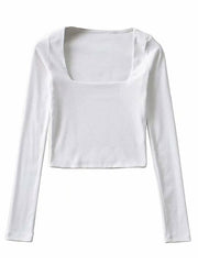 Long-Sleeve Square Neck Plain Cropped T-Shirt - HouseofHalley