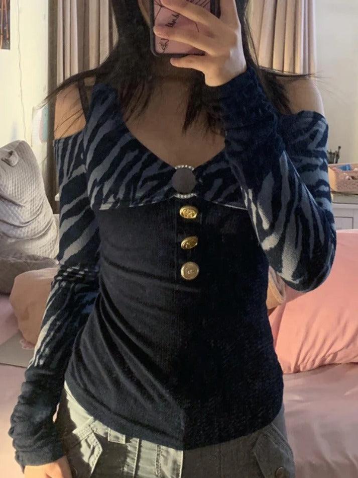 Zebra Print Splice Cold Shoulder Cutout Long Sleeve Tee - HouseofHalley