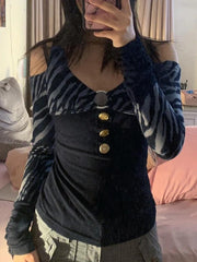 Zebra Print Splice Cold Shoulder Cutout Long Sleeve Tee - HouseofHalley