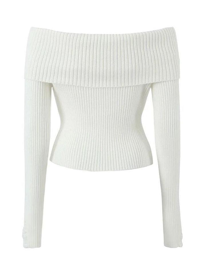 Long Sleeve Off-Shoulder Plain Ribbed-Knit Sweater - HouseofHalley