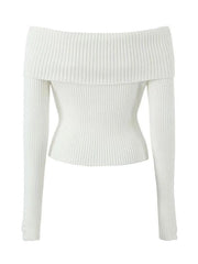 Long Sleeve Off-Shoulder Plain Ribbed-Knit Sweater - HouseofHalley