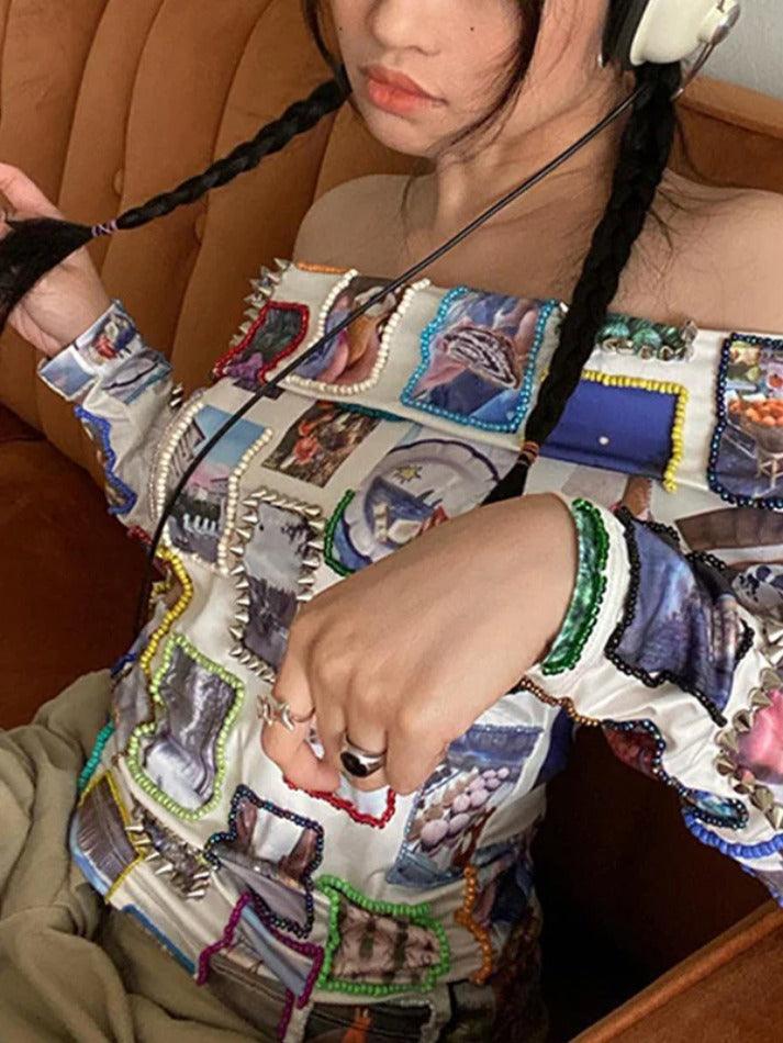 Stamp Print Off Shoulder Long Sleeve Tee - HouseofHalley